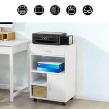 SoBuy FBT106-W Druckertisch mit Schublade und Tür Aktenschrank Rollcontainer mit Fächern Bürowagen Beistellwagen Bürocontainer weiß BHT ca: 50x75x40cm - Weiss - Übersicht 4