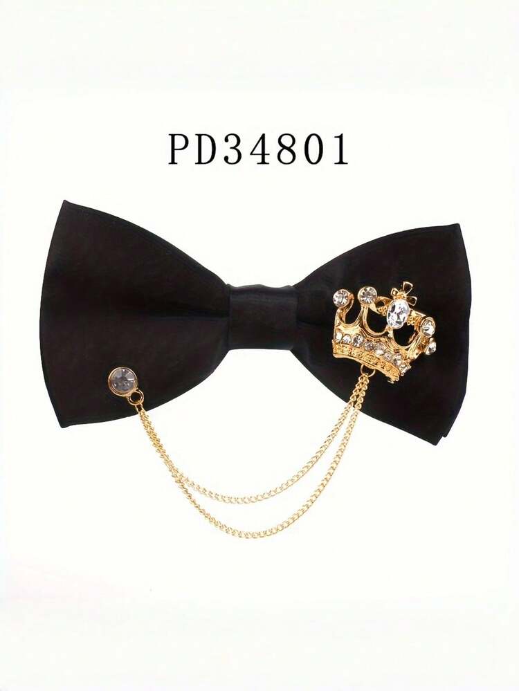 Luxury Metal Wing Crown Rhinestone Bow Tie Brooch Set, Men's Formal Suit Tuxedo Banquet Groom Bow Tie Chain Accessory 2pcs Set - Bow Tie + Brooch - View 8