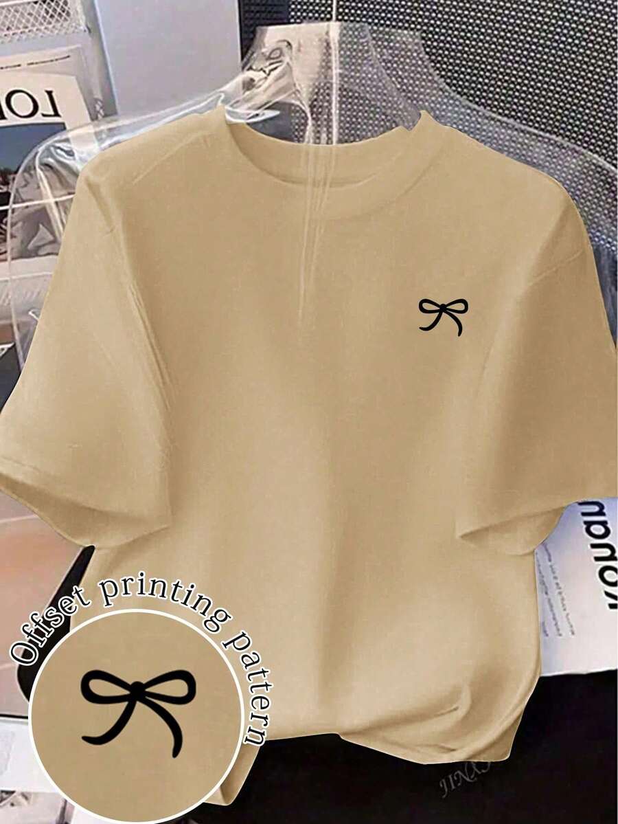 Short-Sleeved T-Shirt With Bow Print, Loose Fit, For Spring/Summer, For Casual Wear - 杏色 - 查看 1