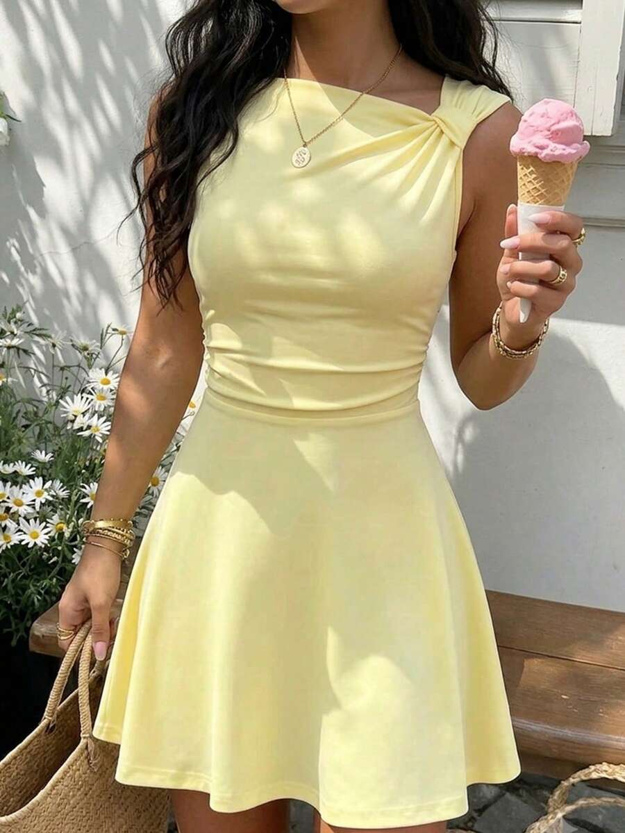 Elegant & Cute A-Line Mini Dress - Solid Color Asymmetric Sleeveless Sundress Yellow Summer - Yellow - View 1