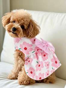 1pc Pink Cherry Blossom Print Dog Dress, Large Bow Decor Sleeveless Pet Dress, Soft Breathable Puppy Princess Outfit, Summer Cute Small And Medium Dog Clothes, Suitable For Bichon Poodle Daily Wear - Pink - View 5