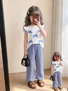 Girls' Spring/Summer Ruffle Sleeve Bow T-Shirt And Plaid Pants Set, Cute & Sweet Style Perfect For Outings And School Wear - Blue and White - View 1
