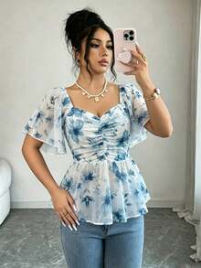 Blusa elegante de mujer con estampado de mariposa, manga de murciélago, plisada, de estilo francés dulce.Moda versátil, grácil y exquisita.Adecuada para diversas ocasiones, desde atu - Azul 2 - Ver 1
