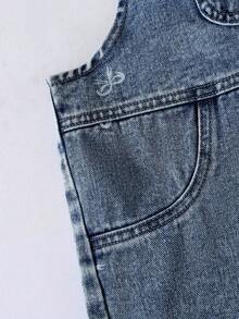 女童牛仔吊帶連身褲，休閒度假時尚街頭風，牛仔感蝴蝶結印花寬鬆百搭連身短褲 - 深色水洗藍 - 查看 6