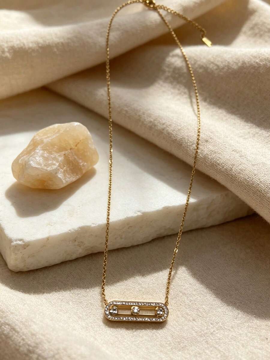 Geometric Rectangle Zirconia Pendant Necklace, Titanium Steel Gold Plated, Adjustable Hypoallergenic Women Jewelry Gift - Rolling Diamond Necklace - View 1