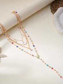 2pcs Street Style Ins Fashion Creative Colorful Bead Tassel Necklace Niche Colorful Y-Shaped Collarbone Chain Necklace Suitable For Party, Holiday, Gift For Friends And Family, Daily Wear - Gold - View 2