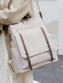 Women's Nylon Solid Color Quilted Large Capacity Versatile Backpack, Simple Casual Student Backpack, Storage Travel Bag, Commuter Bag - Beige - View 3