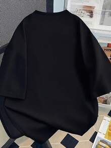 大尺碼女款字母印花圓領短袖休閒T恤，夏季必備，黑色 - 黑色 - 查看 2