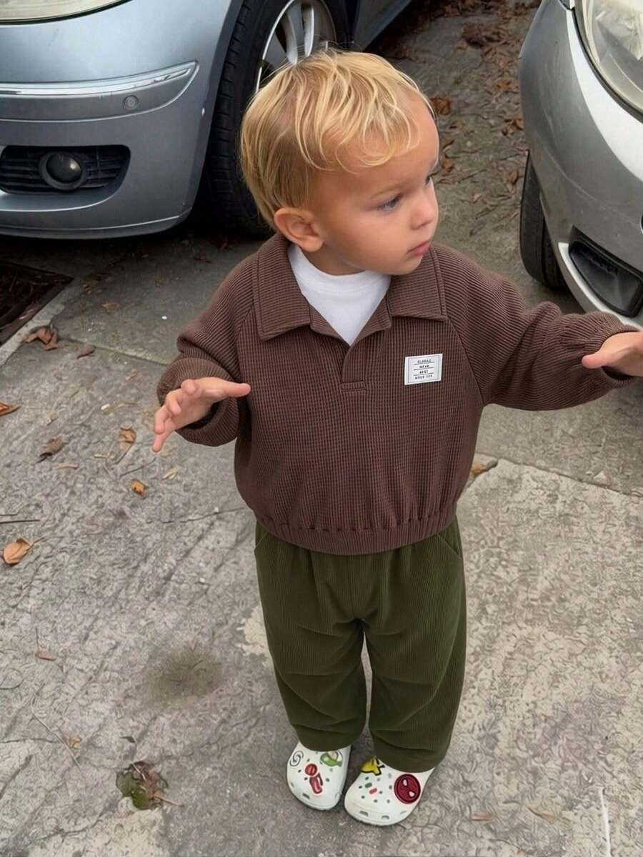 Vihyde Boys' Cute Retro Waffle Knit Raglan Polo Shirt & Corduroy Loose Wide Leg Pants 2 Pieces Set, Autumn/Winter - Dark Green - View 1