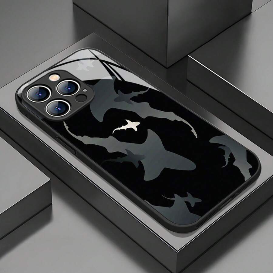 Shark Pattern Phone Case Suitable For IPhone 16 Pro Max/ 15 Pro/ 14 Plus/ 13/ 12/ 11/ X/ Xr/ Xs Max, Featuring A Stylish Design, Tempered Glass, And A Premium - 黑色 - 查看 1