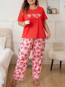Plus Size Casual Comfortable Heart Print Short Sleeve Red Full Heart Print Pants Women's Loungewear 2 Pieces Set Pajamas - Red - View 6