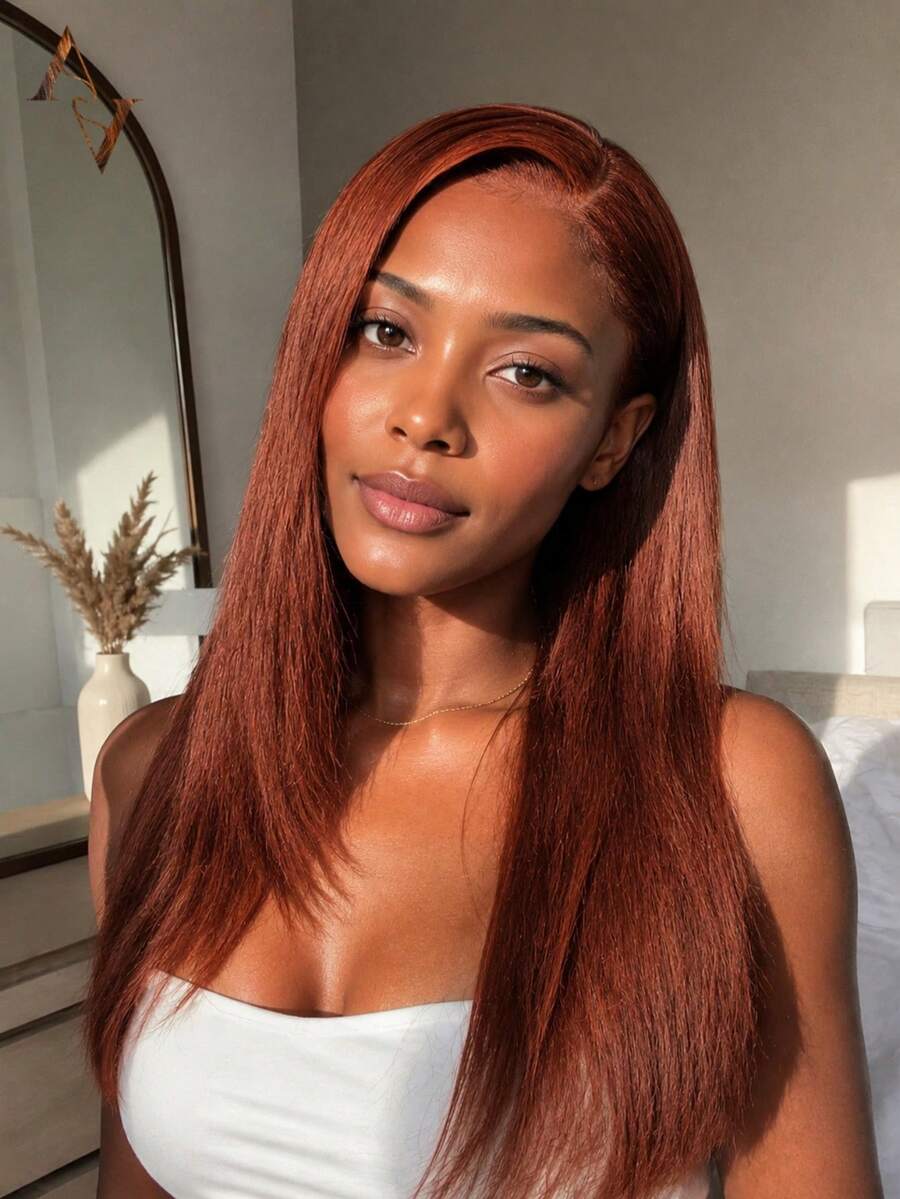ARABELLA Reddish Brown 6x5 Lace Front Straight Hair Wig, 100% Virgin Human Hair, Pre-Plucked Pre-Cut Natural Hairline, Pre-Bleached Knots, Middle Part, 180% Density, 20 Inch, Suitable For Women's Vacation, Travel And Holiday