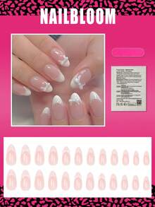 24pcs Medium Almond Shaped Wearable Nails, White Bow Pearl French Tip Full Coverage Glossy Fake Nails Set, Easy To Wear, Suitable For Women And Girls Daily Life French Tip Manicure Wearable Nails - White - View 2
