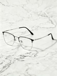 1 Pair Men's Classic Black Frame Thin Metal Square Glasses, Lightweight Comfortable Plain Lens, Business Office Decorative Frame, Versatile - Clear - View 4