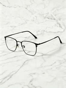 1 Pair Men's Classic Black Frame Thin Metal Square Glasses, Lightweight Comfortable Plain Lens, Business Office Decorative Frame, Versatile - Clear - View 8