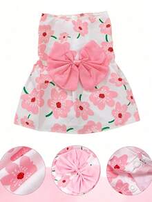 1pc Pink Cherry Blossom Print Dog Dress, Large Bow Decor Sleeveless Pet Dress, Soft Breathable Puppy Princess Outfit, Summer Cute Small And Medium Dog Clothes, Suitable For Bichon Poodle Daily Wear - Pink - View 6