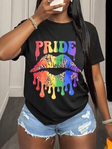 Pride Rainbow Lips Leopard Print Graphic Tee For Pride Month Celebration Party Wear - Black - View 1