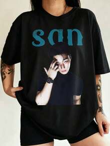 Choi San ATEEZS Vintage Bootleg K-Pop Graphic Oversized T-Shirt - 黑色 - 查看 1