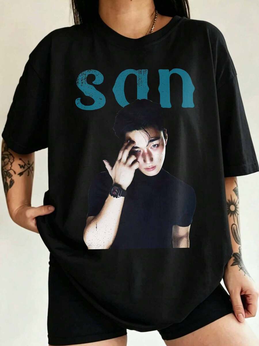 Choi San ATEEZS Vintage Bootleg K-Pop Graphic Oversized T-Shirt - 黑色 - 查看 1