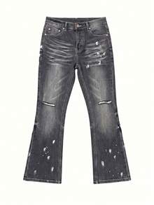 Embroidered Flare Jeans, Letter Embroidered Men's Slim Fit Flare Jeans, Ripped Flare Jeans With Patches, Y2K Stacked Jeans, Contrast Washed Embroidered Jeans, Suitable For All Seasons - Black - View 4