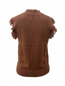 Women's Plus Size Solid Color Stand Collar Tassel Design Knit Vest Brown Fall - Brown - View 5