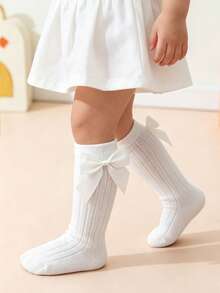 3 Pairs Girls White Bow Decor Ribbed Knee High Socks, Suitable For School Uniform With Elementary & Middle School Students - White - View 6
