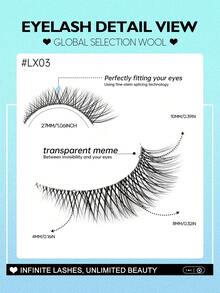 GROINNEYA 3對自然感3D假睫毛仙女漫畫風透明梗仿貂毛人造睫毛，眼妝工具，適合初學者使用，可重複使用，日常佩戴(LX03) - 黑色 - 查看 5