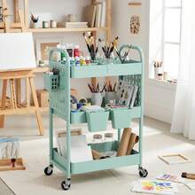 3 Tier Rolling Cart Metal Utility Cart With Wooden Table Top Drawer Hanging Cups Storage Cart For Kitchen Bathroom Office - Green - View 6