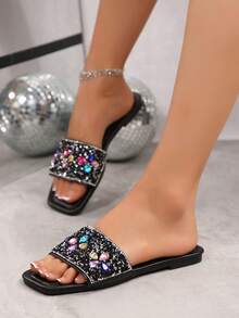 Women's Black Rhinestone Flat Slides, Square Toe Open Toe Slip-On Sandals, Shiny Crystal Summer Casual Mules - Black - View 2