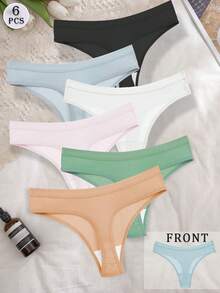 6pcs/Set Ribbed Comfortable G-String T-Back Thong Seamless Panties, Sexy Comfortable Triangle Underwear - Multicolor - View 14