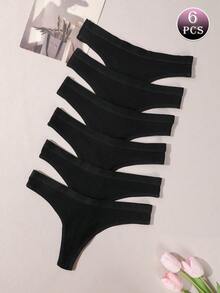 6pcs/Set Ribbed Comfortable G-String T-Back Seamless Thong Panties, Sexy Comfortable Triangle Briefs For Women - Black - View 12