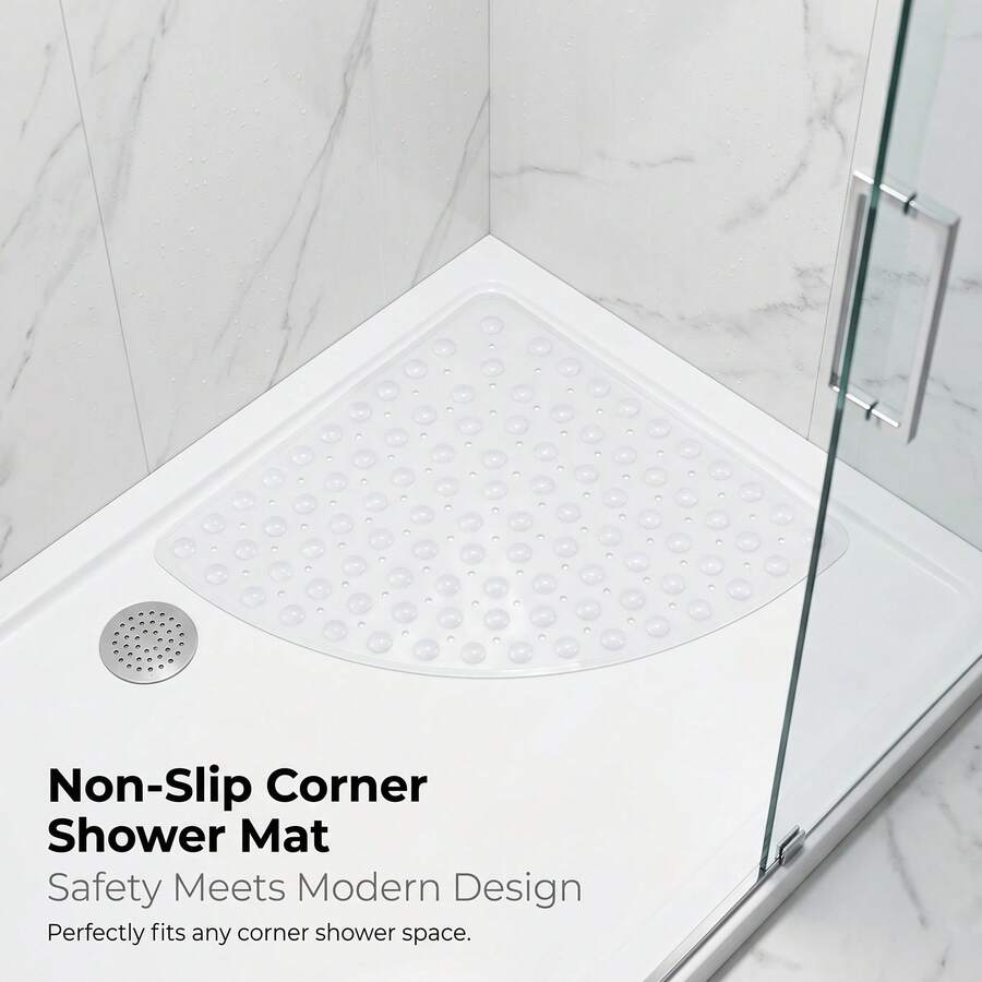 1pc Corner Shower Mat, Non-Slip Triangle Bath Mat With Suction Cups And Drain Holes, Waterproof PVC Bathroom Floor Mat, Safety Anti-Fall Shower Rug For Bathroom Bathtub, 3 Colors Available - Multicolor - View 1