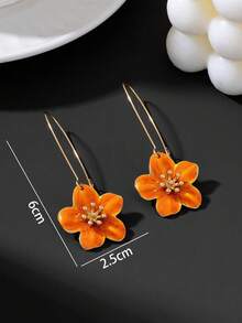 1 Pair Women's Niche Design Long Tie Dye White Enamel Flower Earrings, Summer Vacation Style, Commute And Beach Holiday Accessories - Orange - View 5