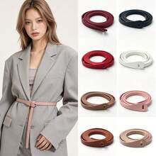 Cinto Fino de PU Sem Fivela com Amarração Própria em Múltiplas Cores para Mulheres, Faixa Decorativa Minimalista Envolvente, Tira Ajustável para Cintura Fina para Vestidos e Casacos - Cinto com nós - Visão 2