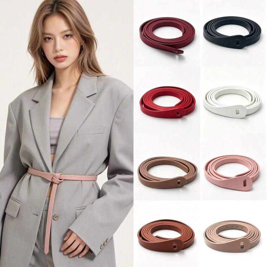 Cinto Fino de PU Sem Fivela com Amarração Própria em Múltiplas Cores para Mulheres, Faixa Decorativa Minimalista Envolvente, Tira Ajustável para Cintura Fina para Vestidos e Casacos