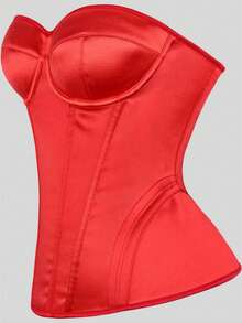 Bonmuse Satin Bandeau Corset With Built-In Cups, Back Lace-Up, Boning Shaping, Vintage Hot Girl Style, Suitable For Daily / Party / Date Wear - Red - View 7