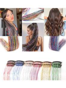 12pcs Glitter Tinsel Hair Extensions Rainbow Colorful - Multicolor - View 7