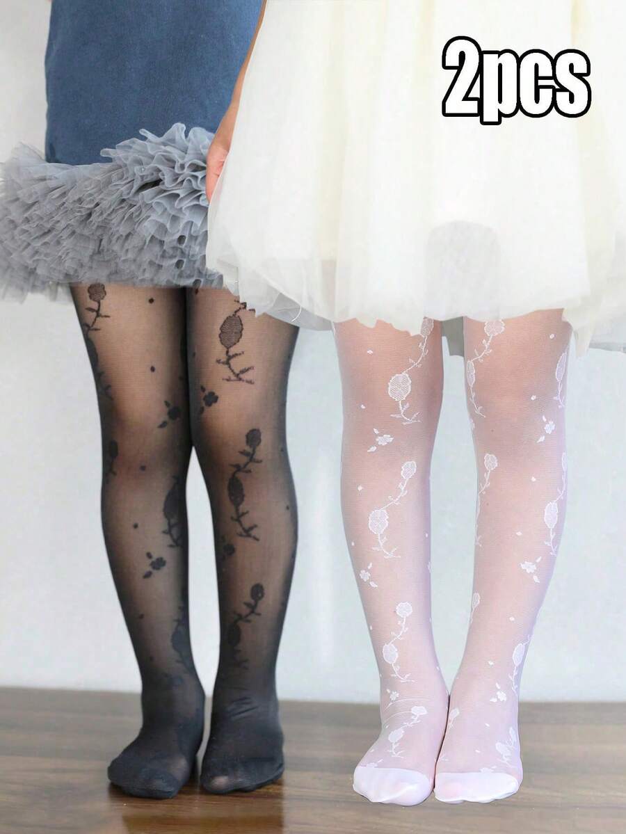2件裝嬰幼兒女童花卉圖案透膚彈性褲襪