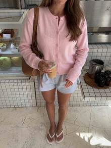 Women's Cardigan Sweater, Round Neck, Single-Breasted Button-Down, Long Sleeve, Sweet Girl Style, Basic Solid Color, Can Be Worn Alone Or Layered, Autumn/Winter - Pink - View 6