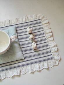 1/2/4件組藍白條紋鏤空刺繡蕾絲餐墊，韓風軟質Ins風創意餐巾攝影道具桌面裝飾布 - 彩色 - 查看 4