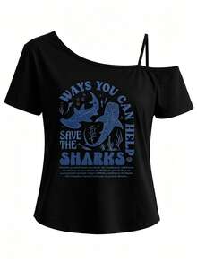 Women One-Shoulder Short-Sleeve T-Shirt, Whale Shark, Marine Life Print Fashion Top, Slanted One-Shoulder Strap, Rock Concert Outfit - 黑色1 - 查看 1