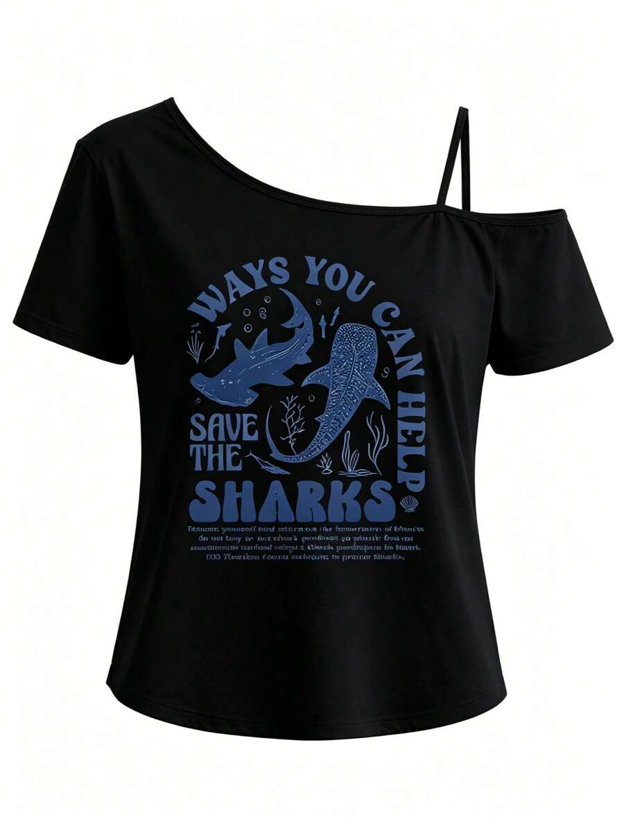 Women One-Shoulder Short-Sleeve T-Shirt, Whale Shark, Marine Life Print Fashion Top, Slanted One-Shoulder Strap, Rock Concert Outfit - 黑色1 - 查看 1