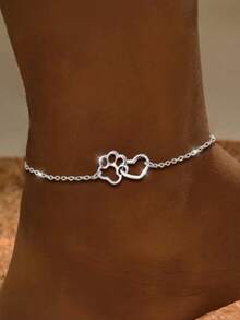 1pc Summer Minimalist Cat & Dog Paw Print Heart Ankle Chain, Hollow Heart Design, Gift For Kids - Silver - View 3