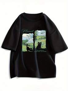 2026 Women's Blouses, Women's Summer Graphic T-Shirt Y2K - "The Darkest Is Before The Dawn" Design With Black Cat And Sky, Loose Fit, Round Neck, Casual And Versatile Top, Clothing - 黑色 - 查看 1