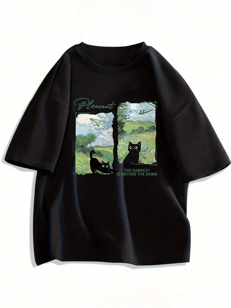 2026 Women's Blouses, Women's Summer Graphic T-Shirt Y2K - "The Darkest Is Before The Dawn" Design With Black Cat And Sky, Loose Fit, Round Neck, Casual And Versatile Top, Clothing - 黑色 - 查看 1