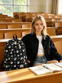 1pc Cute School Style Cat/Dog/Bow Print Nylon Backpack, Lightweight Large Capacity School Day Bag, Adjustable Shoulder Strap Bookbag, Suitable For Girls/Teens/Students/Graduates, Ideal For Daily Use, Outings, Travel, School And Back To School Season. - Multicolor - View 6