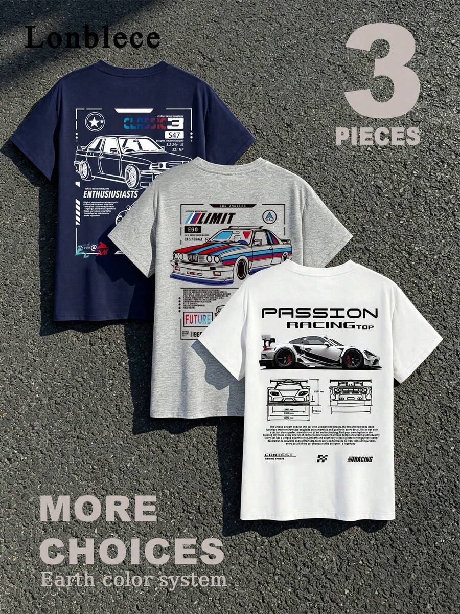 Lonblece 3pcs Unisex Casual Comfortable Round Neck T-Shirts Tees With Racing Element Print - Multicolor - View 1