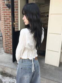 女款純色蕾絲百褶休閒百搭日常穿著襯衫 白色 - 白色 - 查看 5