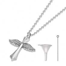 1pc Stainless Steel Heart/Cross Pendant Necklace, Urn Necklace, Used To Hold Ashes, Hair Or Crystal Beads, Stainless Steel Pendant Necklace To Commemorate Loved Ones - Winged Cross - View 5