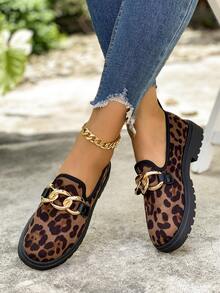 Leopard Print Design Thick Sole Women's Buckle Lightweight Flat Slip-On Shoes Anti-Slip Versatile Outdoor Shoes - Brown - View 5
